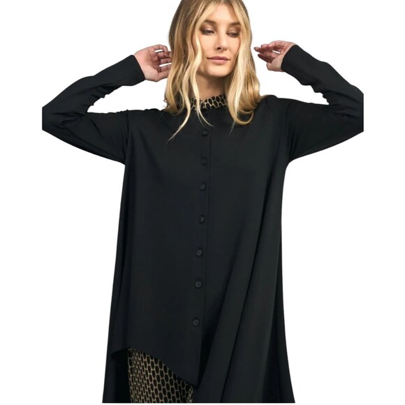 Alembika 2 Tunic Top Hi-Lo Lagenlook Asymmetrical Button Black Mandarin Collar - Picture 9 of 16